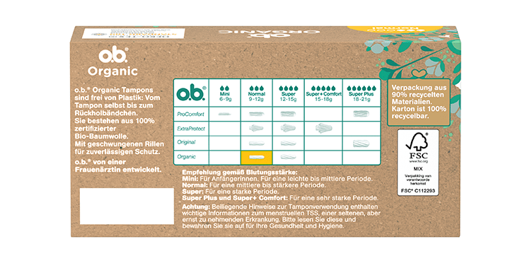 Rückseite der Verpackung des o.b.® Organic Normal Tampons mit 16 Stück